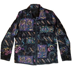 Vintage handmade women's jacket with electrified jewel-tone floral embroidery.
